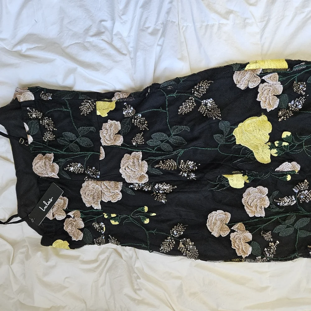 Lulu's Black Mini Dress with Yellow & Blush Floral Embroidery - Picture 5 of 7